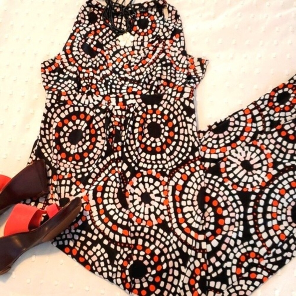 ESSENTIALS BLACK MOSAIC EMPIRE WAIST MAXIDRESS SIZE SMALL Y2K HALTER BABYDOLL